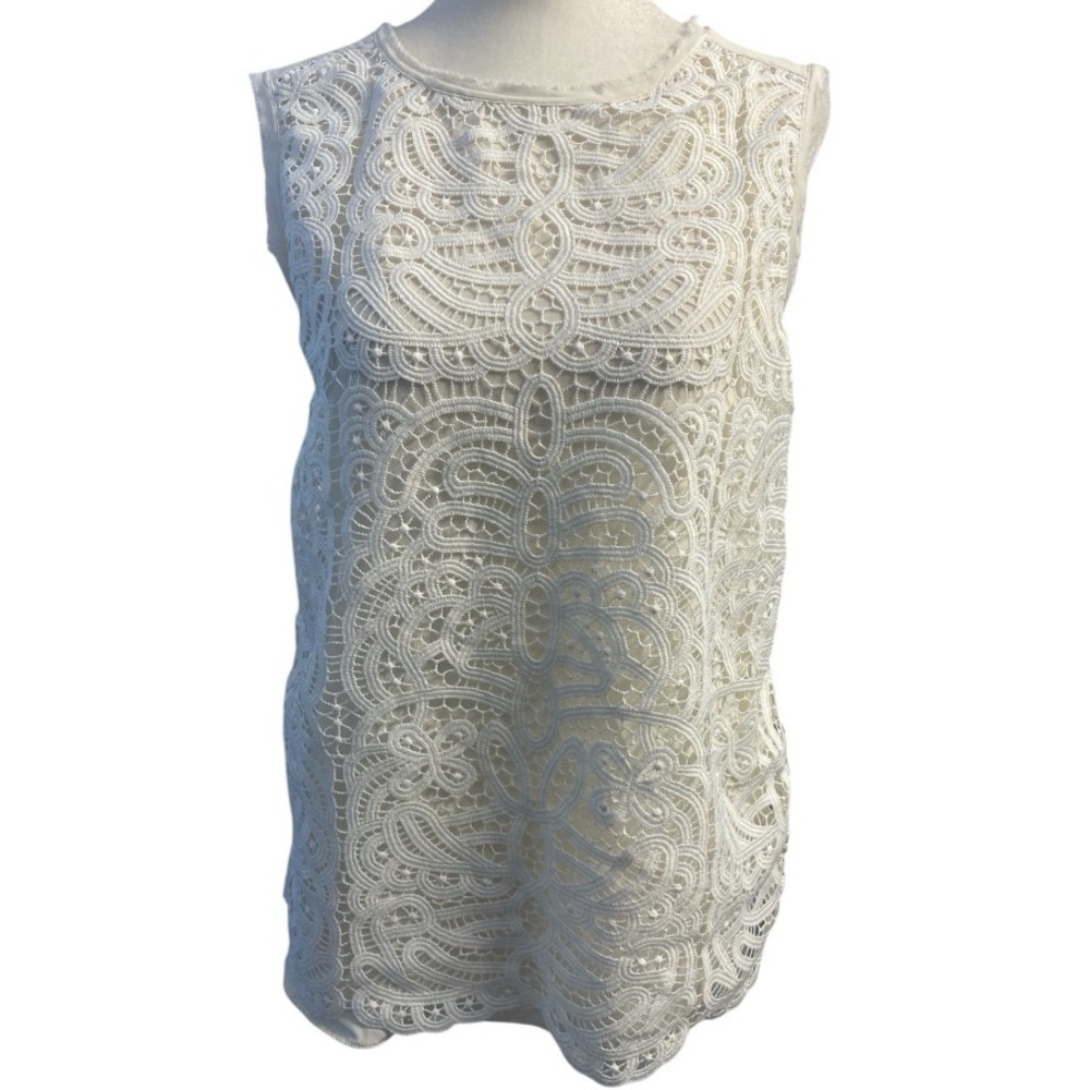 Kate Spade Sleeveless Lace Blouse Size S Raw Hem Detail Ecru Embroidered